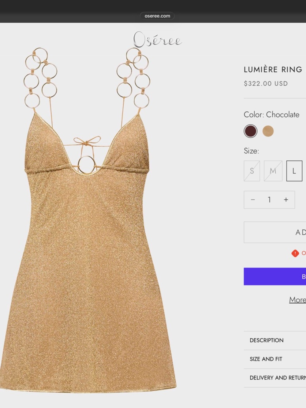 Oseree Lumiere Ring Mini Dress in Gold